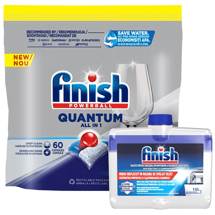 Pachet Detergent capsule pentru masina de spalat vase Finish Quantum, 60 spalari + Solutie de curatare Finish, 250 ml