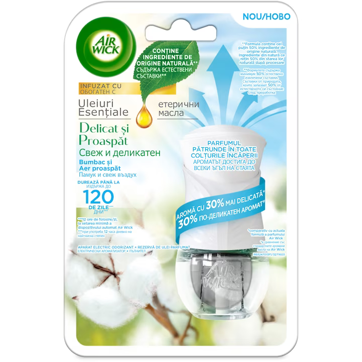 Odorizant electric de camera Air Wick Light & Fresh, Bumbac si Aer Proaspat, 19ml