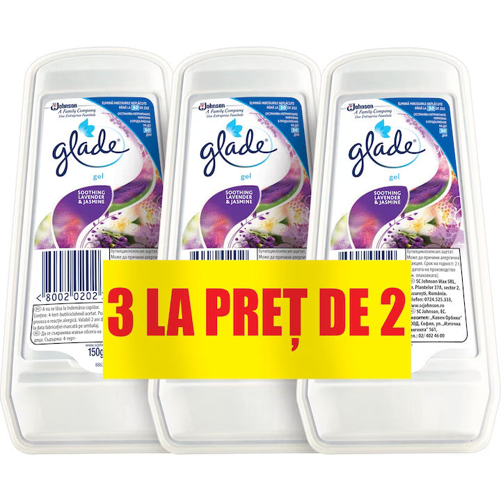Pachet odorizant de aer pentru camera gel solid Glade, Lavanda & Violetta, 3 x 150 g