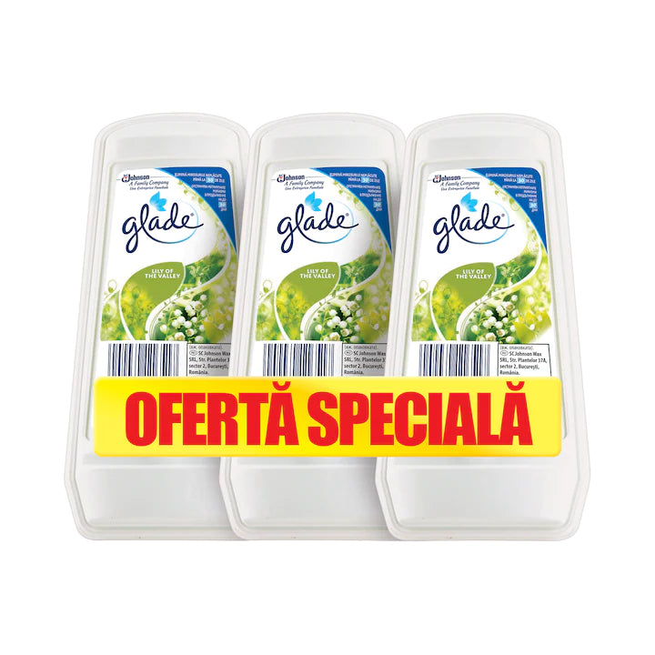 Pachet odorizant de aer pentru camera gel solid Glade, Lilly of the Valley, 3 x 150 g