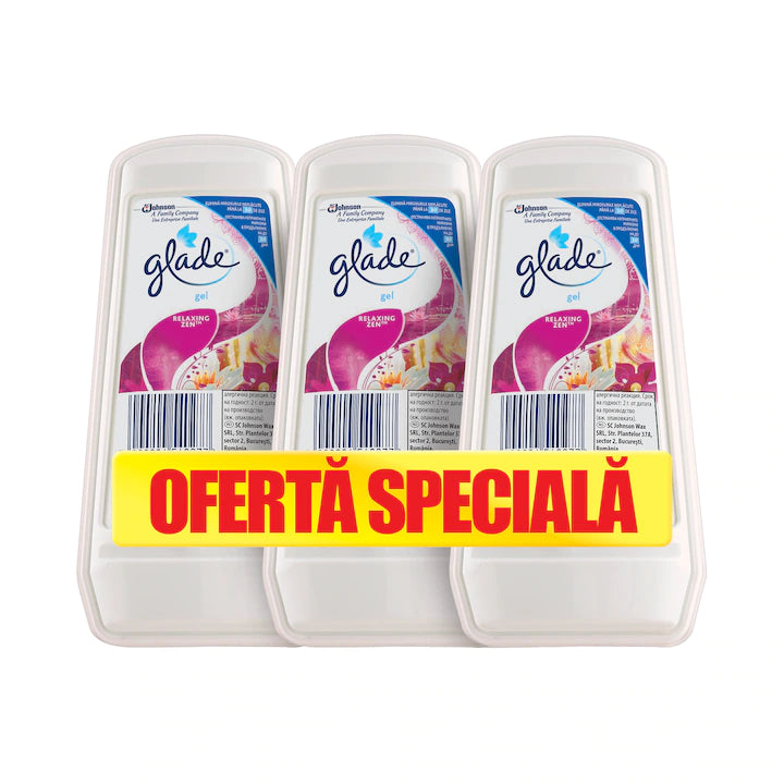 Pachet odorizant de aer pentru camera gel solid Glade, Relaxing Zen, 3 x 150 g